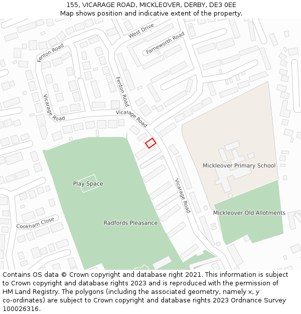 155, VICARAGE ROAD, MICKLEOVER, DERBY, DE3 0EE: Location map and indicative extent of plot