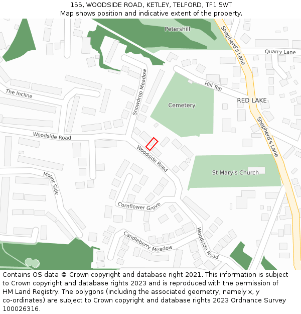 155, WOODSIDE ROAD, KETLEY, TELFORD, TF1 5WT: Location map and indicative extent of plot