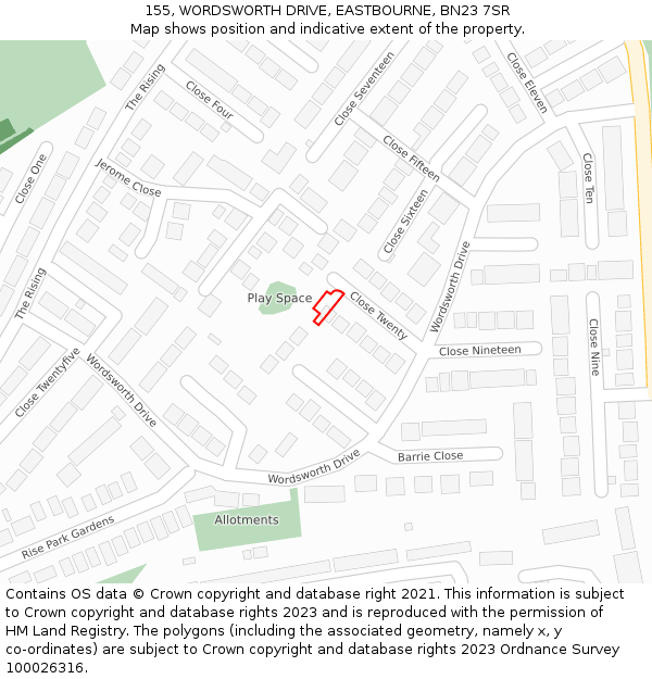 155, WORDSWORTH DRIVE, EASTBOURNE, BN23 7SR: Location map and indicative extent of plot