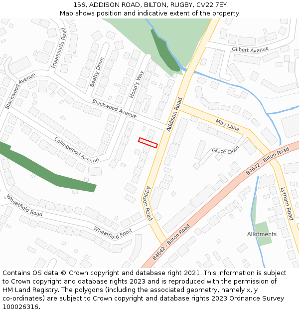 156, ADDISON ROAD, BILTON, RUGBY, CV22 7EY: Location map and indicative extent of plot