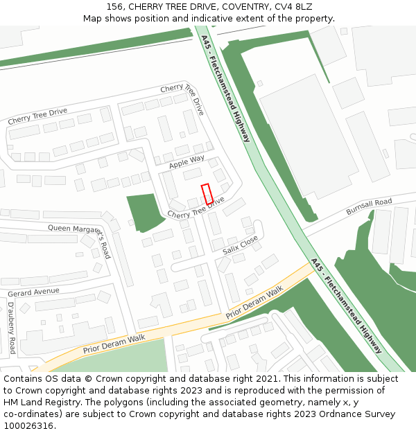 156, CHERRY TREE DRIVE, COVENTRY, CV4 8LZ: Location map and indicative extent of plot