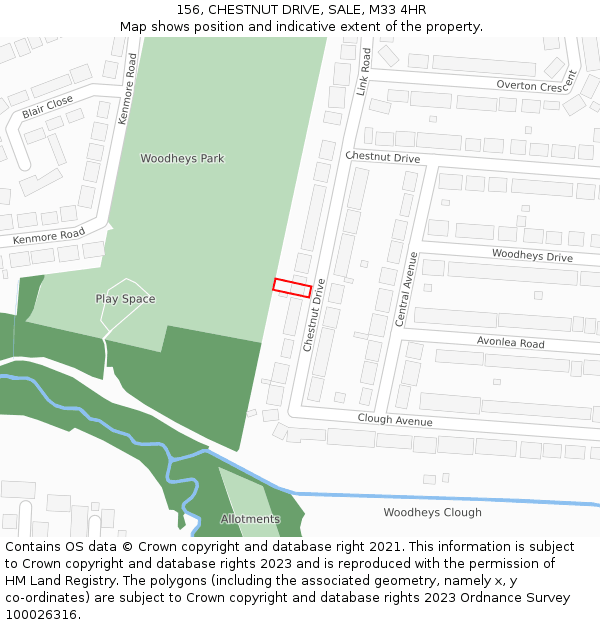 156, CHESTNUT DRIVE, SALE, M33 4HR: Location map and indicative extent of plot