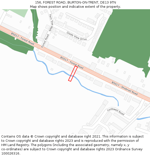 156, FOREST ROAD, BURTON-ON-TRENT, DE13 9TN: Location map and indicative extent of plot