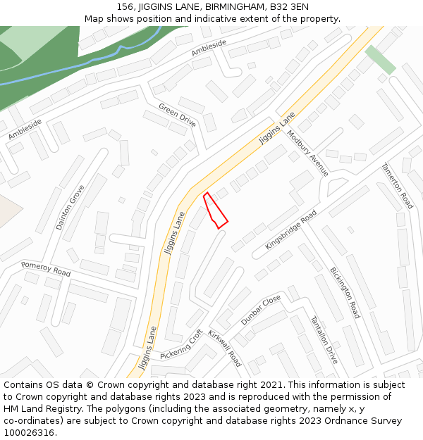 156, JIGGINS LANE, BIRMINGHAM, B32 3EN: Location map and indicative extent of plot