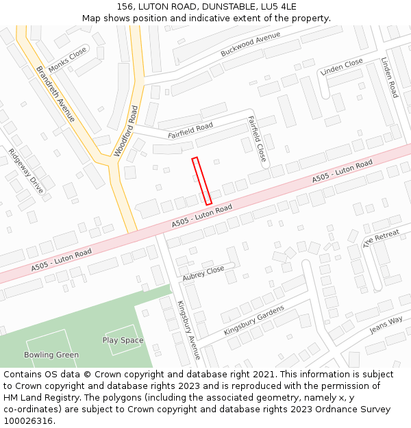 156, LUTON ROAD, DUNSTABLE, LU5 4LE: Location map and indicative extent of plot