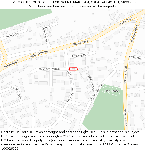 156, MARLBOROUGH GREEN CRESCENT, MARTHAM, GREAT YARMOUTH, NR29 4TU: Location map and indicative extent of plot