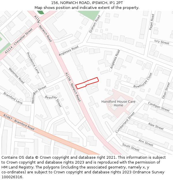 156, NORWICH ROAD, IPSWICH, IP1 2PT: Location map and indicative extent of plot