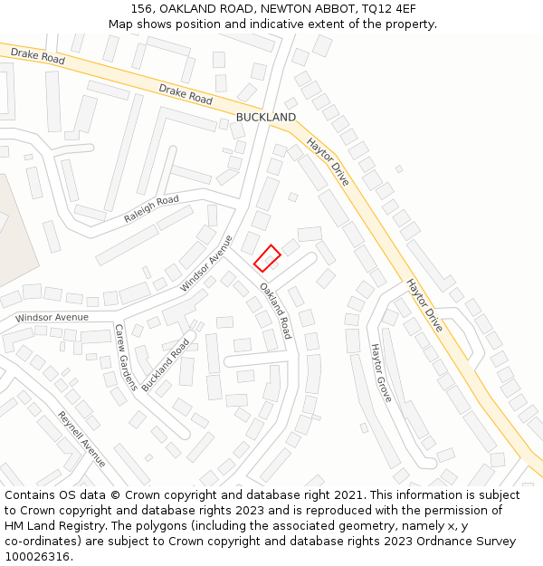 156, OAKLAND ROAD, NEWTON ABBOT, TQ12 4EF: Location map and indicative extent of plot