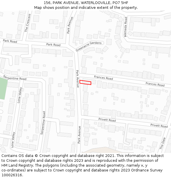 156, PARK AVENUE, WATERLOOVILLE, PO7 5HF: Location map and indicative extent of plot