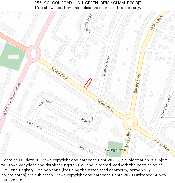 156, SCHOOL ROAD, HALL GREEN, BIRMINGHAM, B28 8JE: Location map and indicative extent of plot