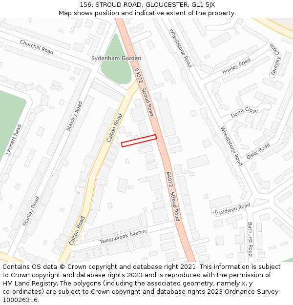 156, STROUD ROAD, GLOUCESTER, GL1 5JX: Location map and indicative extent of plot