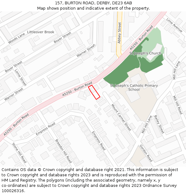 157, BURTON ROAD, DERBY, DE23 6AB: Location map and indicative extent of plot