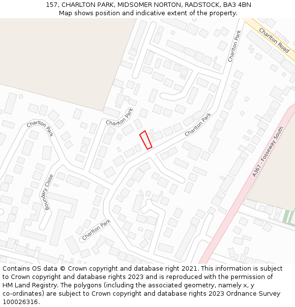 157, CHARLTON PARK, MIDSOMER NORTON, RADSTOCK, BA3 4BN: Location map and indicative extent of plot