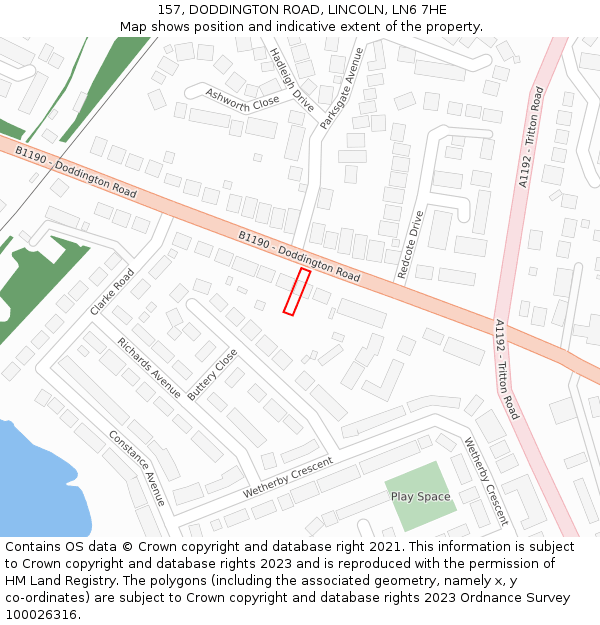 157, DODDINGTON ROAD, LINCOLN, LN6 7HE: Location map and indicative extent of plot