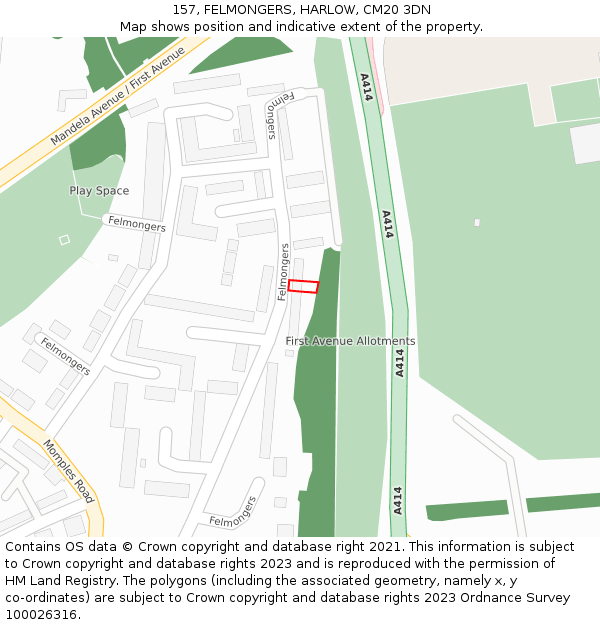 157, FELMONGERS, HARLOW, CM20 3DN: Location map and indicative extent of plot