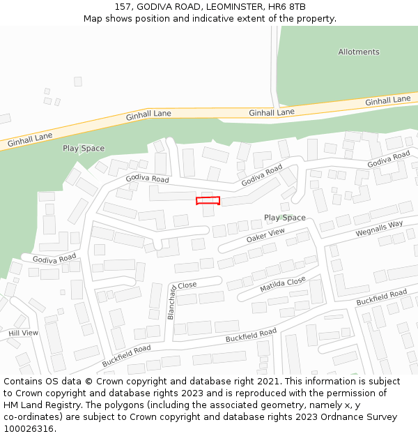 157, GODIVA ROAD, LEOMINSTER, HR6 8TB: Location map and indicative extent of plot