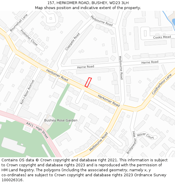 157, HERKOMER ROAD, BUSHEY, WD23 3LH: Location map and indicative extent of plot