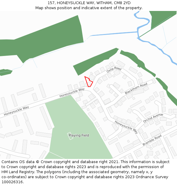 157, HONEYSUCKLE WAY, WITHAM, CM8 2YD: Location map and indicative extent of plot