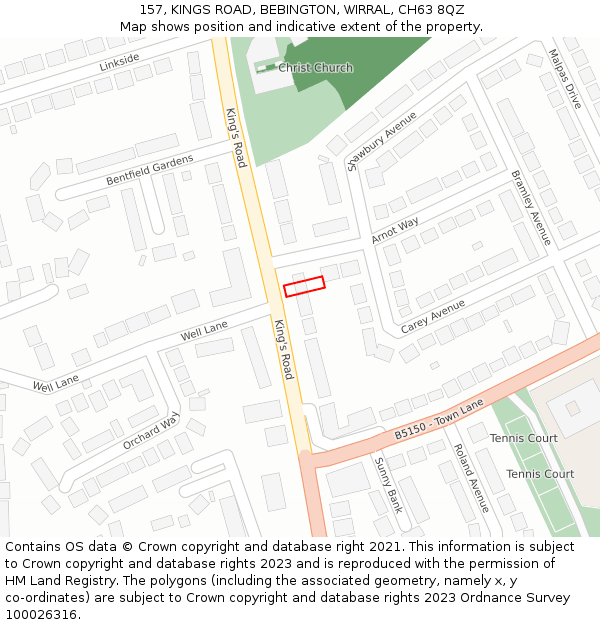 157, KINGS ROAD, BEBINGTON, WIRRAL, CH63 8QZ: Location map and indicative extent of plot