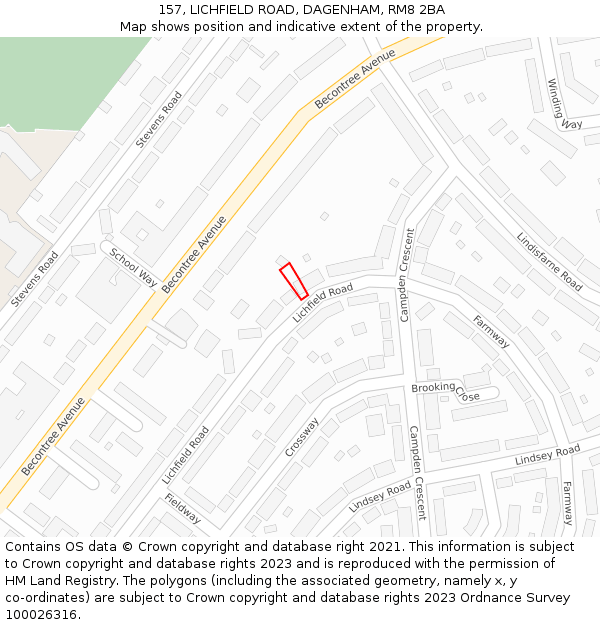 157, LICHFIELD ROAD, DAGENHAM, RM8 2BA: Location map and indicative extent of plot