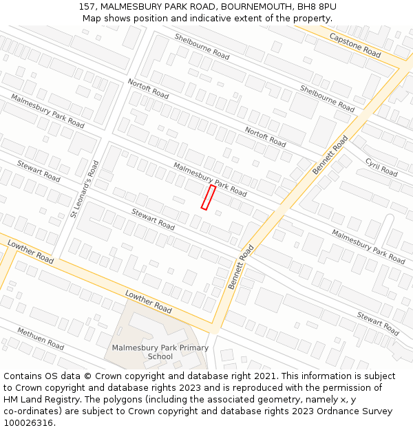 157, MALMESBURY PARK ROAD, BOURNEMOUTH, BH8 8PU: Location map and indicative extent of plot