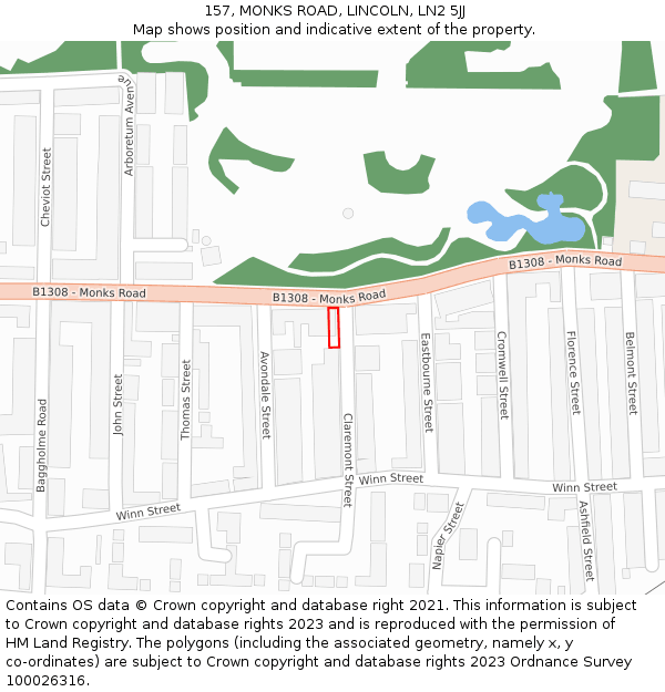 157, MONKS ROAD, LINCOLN, LN2 5JJ: Location map and indicative extent of plot