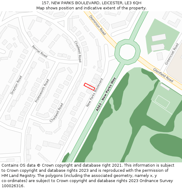 157, NEW PARKS BOULEVARD, LEICESTER, LE3 6QH: Location map and indicative extent of plot