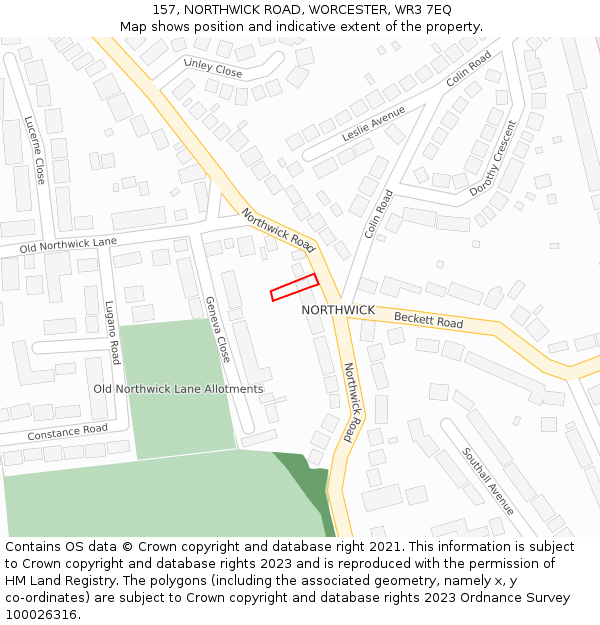 157, NORTHWICK ROAD, WORCESTER, WR3 7EQ: Location map and indicative extent of plot