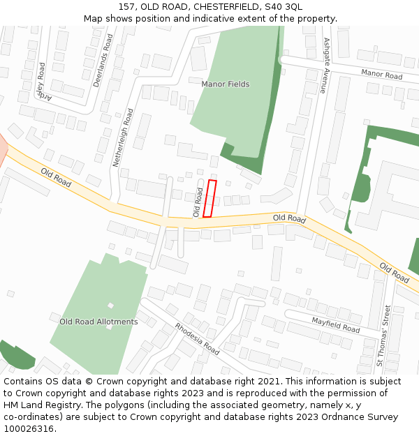 157, OLD ROAD, CHESTERFIELD, S40 3QL: Location map and indicative extent of plot