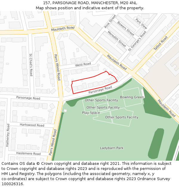 157, PARSONAGE ROAD, MANCHESTER, M20 4NL: Location map and indicative extent of plot