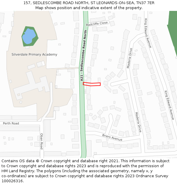 157, SEDLESCOMBE ROAD NORTH, ST LEONARDS-ON-SEA, TN37 7ER: Location map and indicative extent of plot