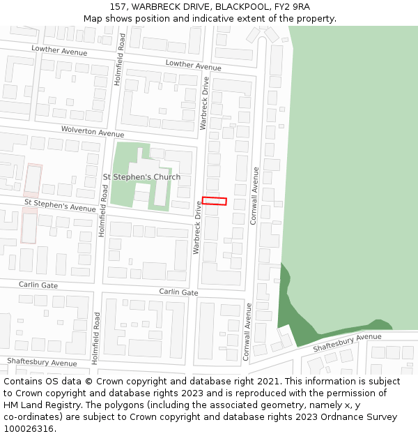 157, WARBRECK DRIVE, BLACKPOOL, FY2 9RA: Location map and indicative extent of plot