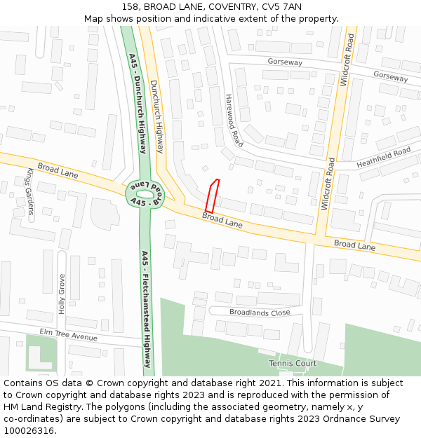 158, BROAD LANE, COVENTRY, CV5 7AN: Location map and indicative extent of plot