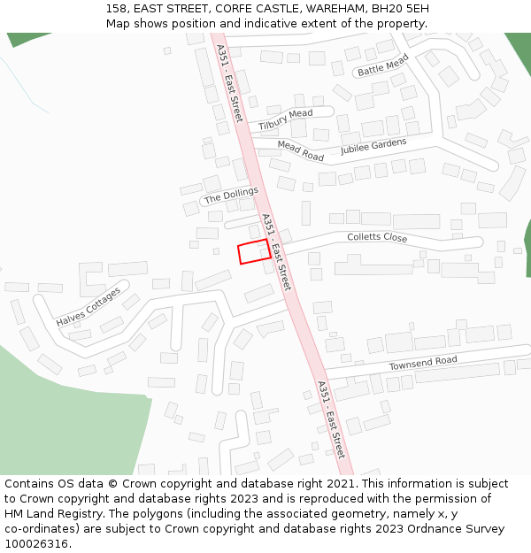 158, EAST STREET, CORFE CASTLE, WAREHAM, BH20 5EH: Location map and indicative extent of plot