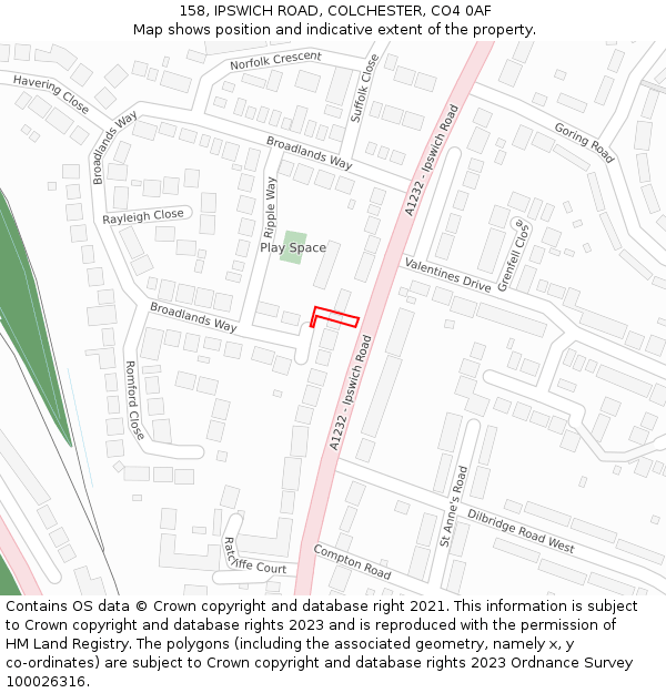 158, IPSWICH ROAD, COLCHESTER, CO4 0AF: Location map and indicative extent of plot