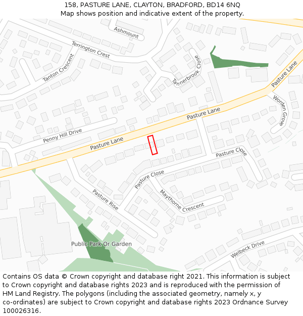 158, PASTURE LANE, CLAYTON, BRADFORD, BD14 6NQ: Location map and indicative extent of plot