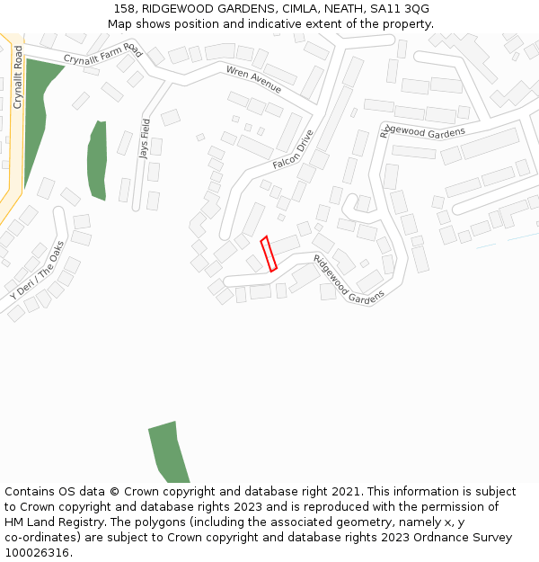 158, RIDGEWOOD GARDENS, CIMLA, NEATH, SA11 3QG: Location map and indicative extent of plot