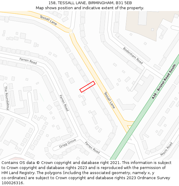 158, TESSALL LANE, BIRMINGHAM, B31 5EB: Location map and indicative extent of plot