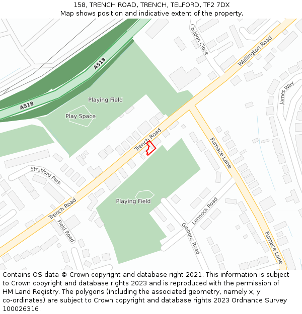 158, TRENCH ROAD, TRENCH, TELFORD, TF2 7DX: Location map and indicative extent of plot