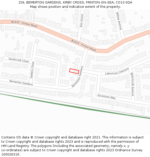 159, BEMERTON GARDENS, KIRBY CROSS, FRINTON-ON-SEA, CO13 0QA: Location map and indicative extent of plot