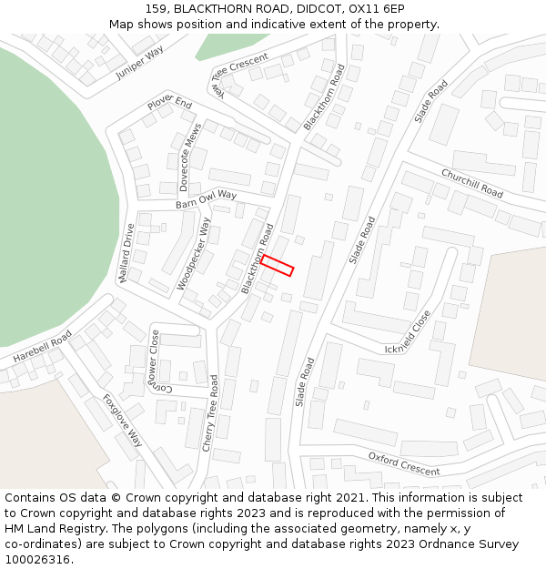 159, BLACKTHORN ROAD, DIDCOT, OX11 6EP: Location map and indicative extent of plot