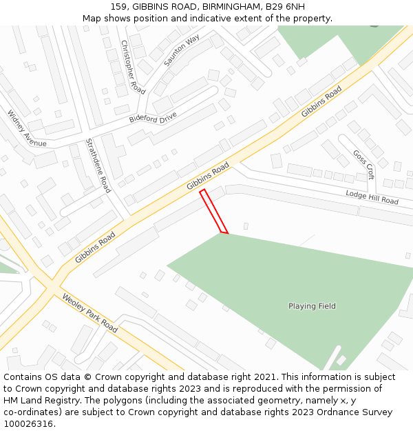 159, GIBBINS ROAD, BIRMINGHAM, B29 6NH: Location map and indicative extent of plot