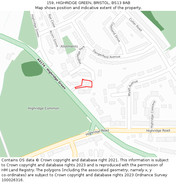 159, HIGHRIDGE GREEN, BRISTOL, BS13 8AB: Location map and indicative extent of plot