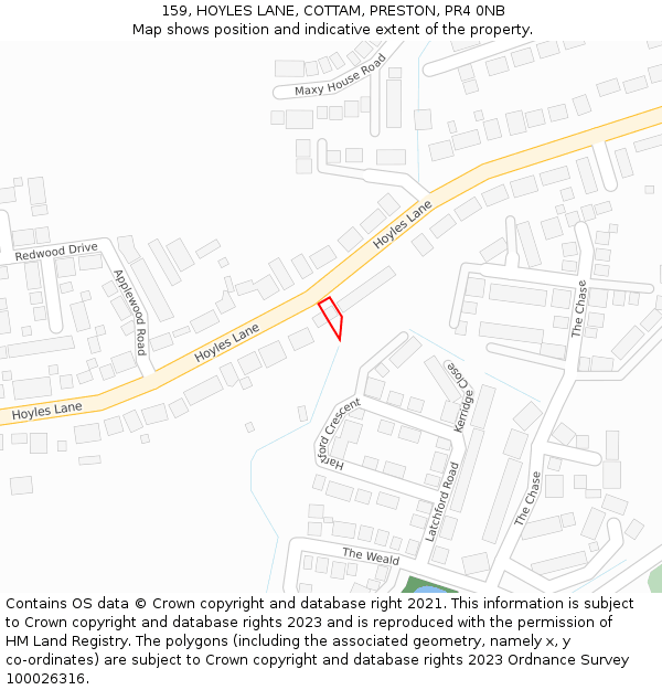 159, HOYLES LANE, COTTAM, PRESTON, PR4 0NB: Location map and indicative extent of plot