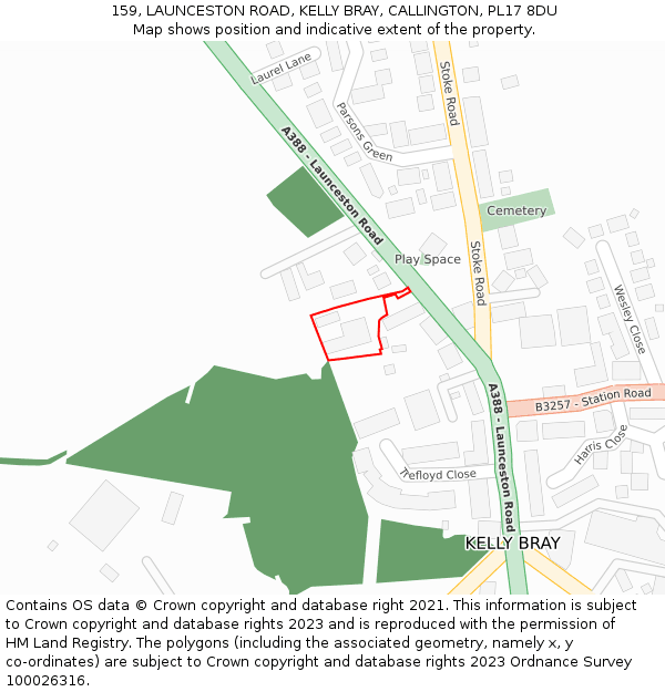 159, LAUNCESTON ROAD, KELLY BRAY, CALLINGTON, PL17 8DU: Location map and indicative extent of plot