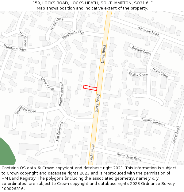 159, LOCKS ROAD, LOCKS HEATH, SOUTHAMPTON, SO31 6LF: Location map and indicative extent of plot