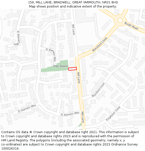 159, MILL LANE, BRADWELL, GREAT YARMOUTH, NR31 8HS: Location map and indicative extent of plot