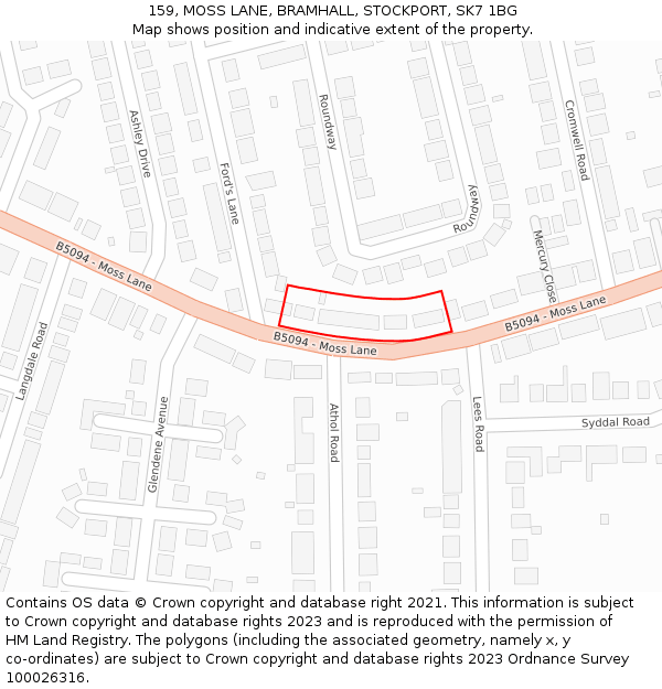 159, MOSS LANE, BRAMHALL, STOCKPORT, SK7 1BG: Location map and indicative extent of plot