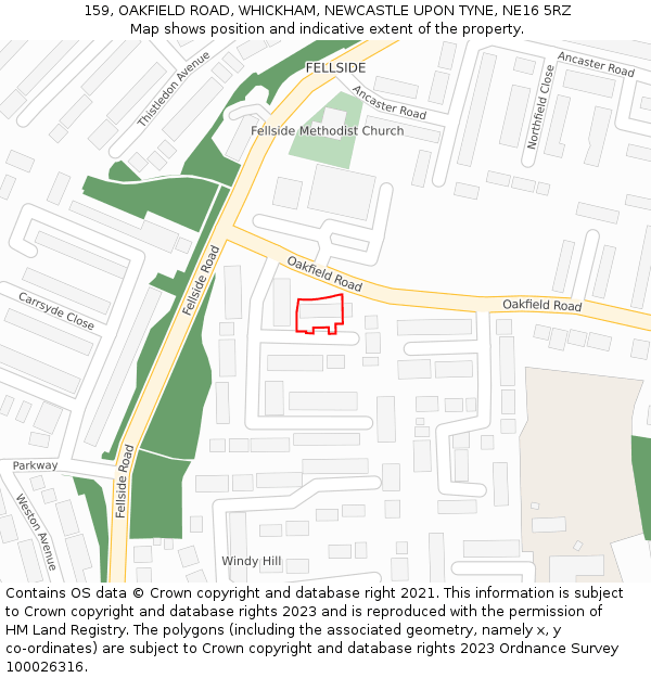 159, OAKFIELD ROAD, WHICKHAM, NEWCASTLE UPON TYNE, NE16 5RZ: Location map and indicative extent of plot