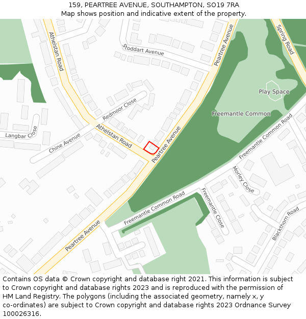159, PEARTREE AVENUE, SOUTHAMPTON, SO19 7RA: Location map and indicative extent of plot